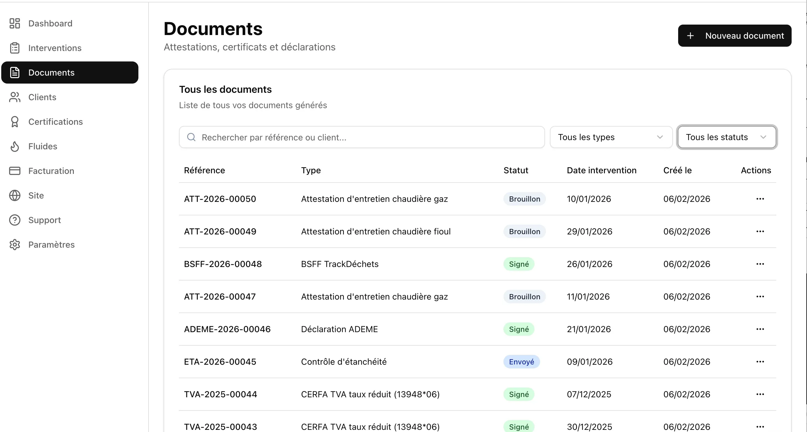 Interface DéclarPro — liste des documents attestations et certificats