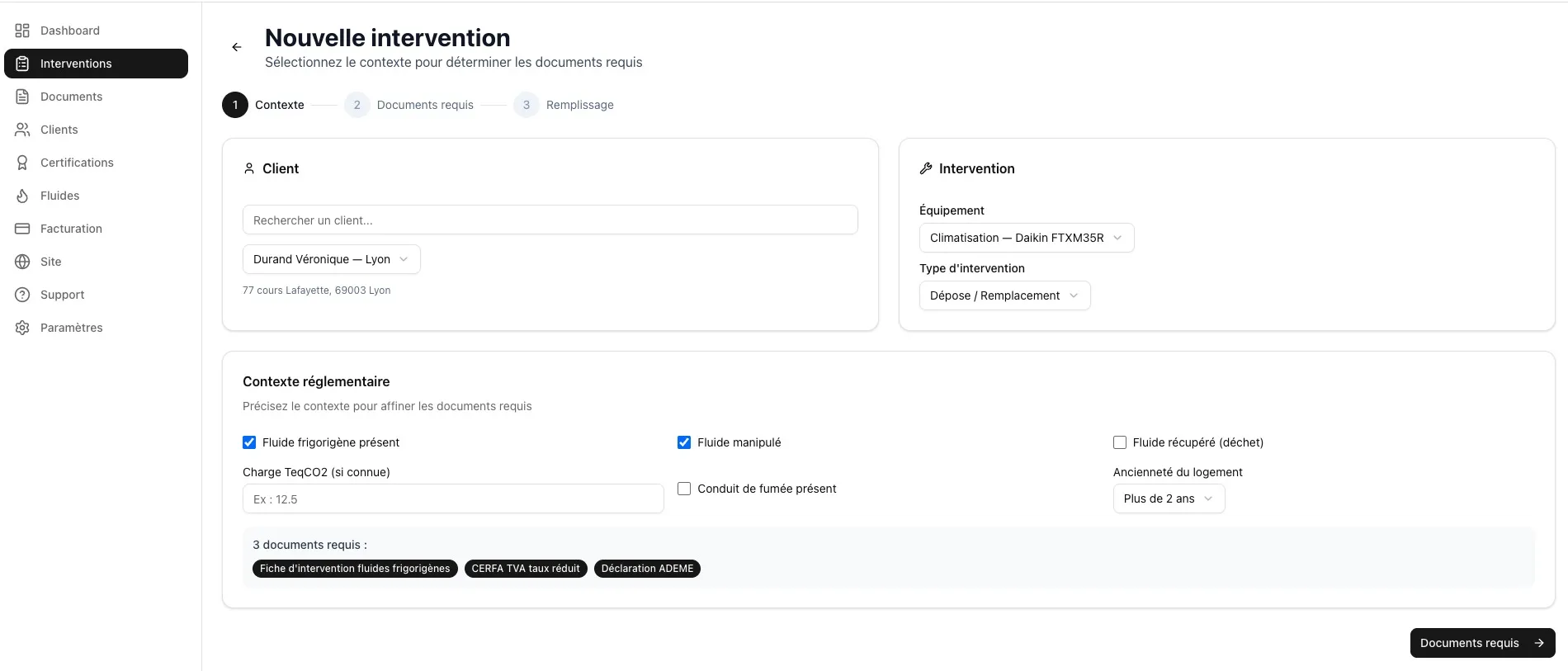 Interface DéclarPro — nouvelle intervention avec contexte réglementaire