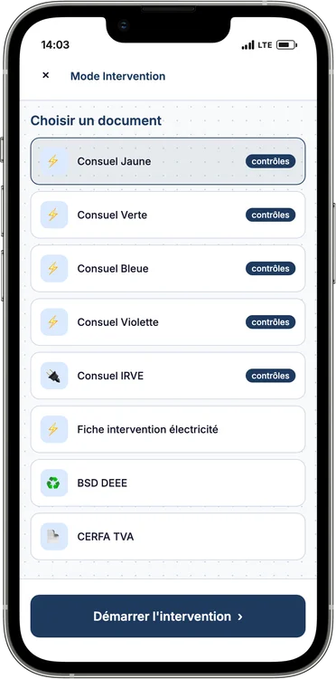 DéclarPro Électricien — Sélection de document sur mobile