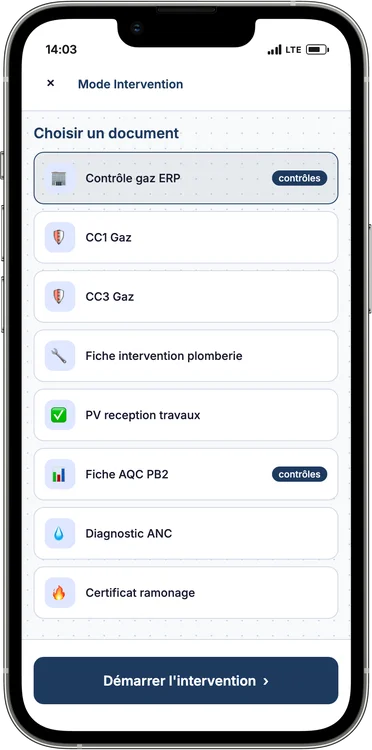 DéclarPro Plombier — Sélection de document sur mobile