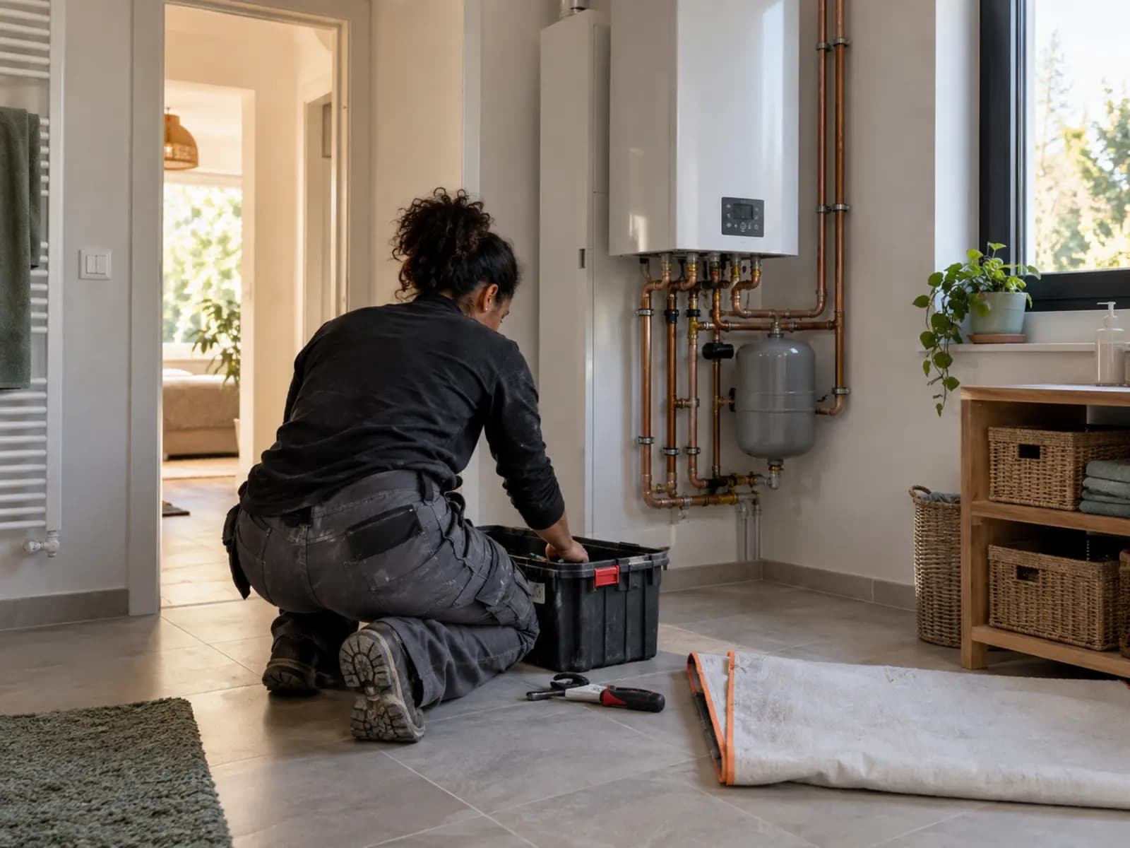 Artisane rangeant ses outils devant une installation neuve, bâche de protection roulée au sol
