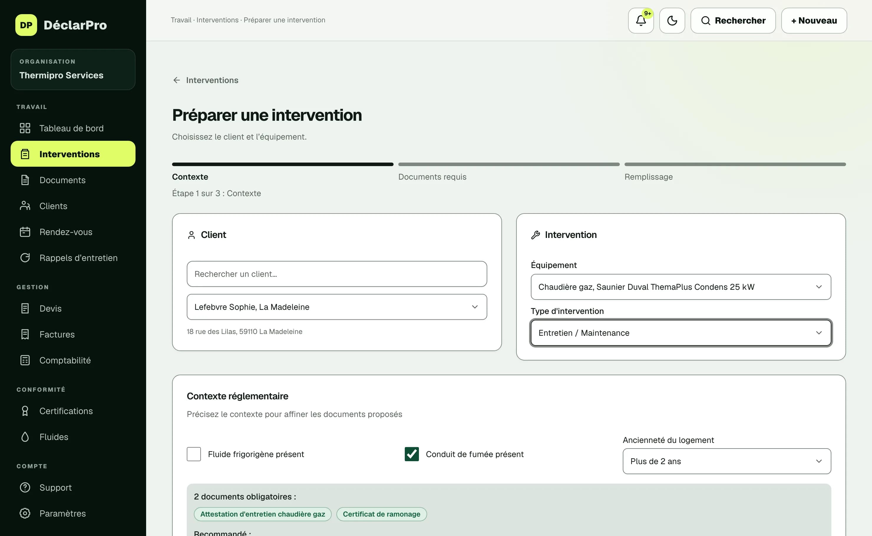 Interface DéclarPro, préparer une intervention : pour l'entretien d'une chaudière gaz avec conduit de fumée, deux documents requis : attestation d'entretien et certificat de ramonage