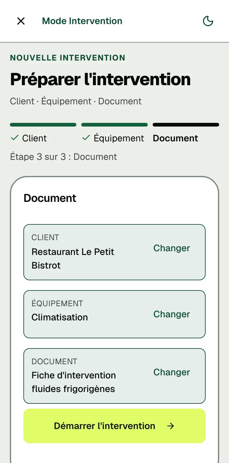 Écran DéclarPro « Préparer l'intervention » : la climatisation du client et la fiche d'intervention fluides frigorigènes sont choisies