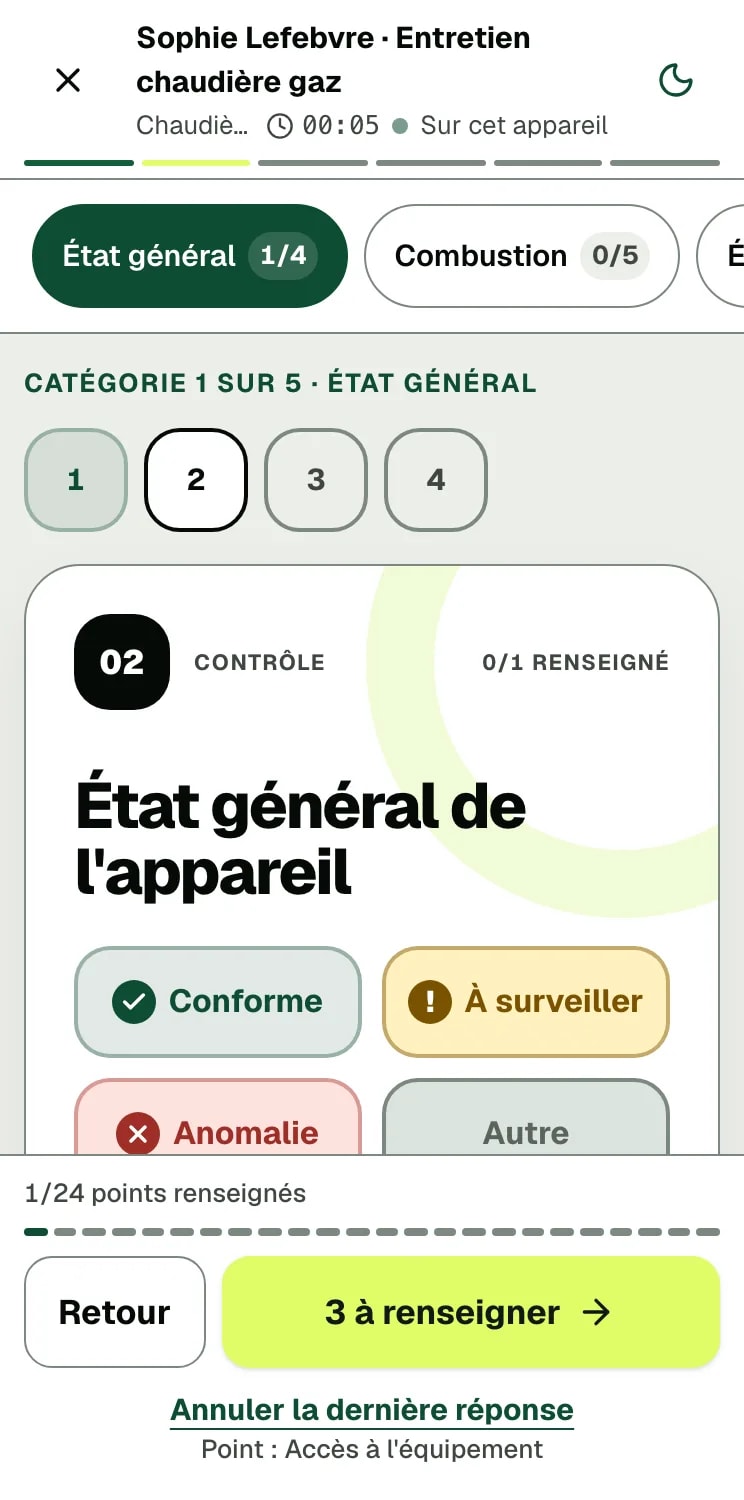 Écran réel : points de contrôle d'une attestation d'entretien, validés un par un