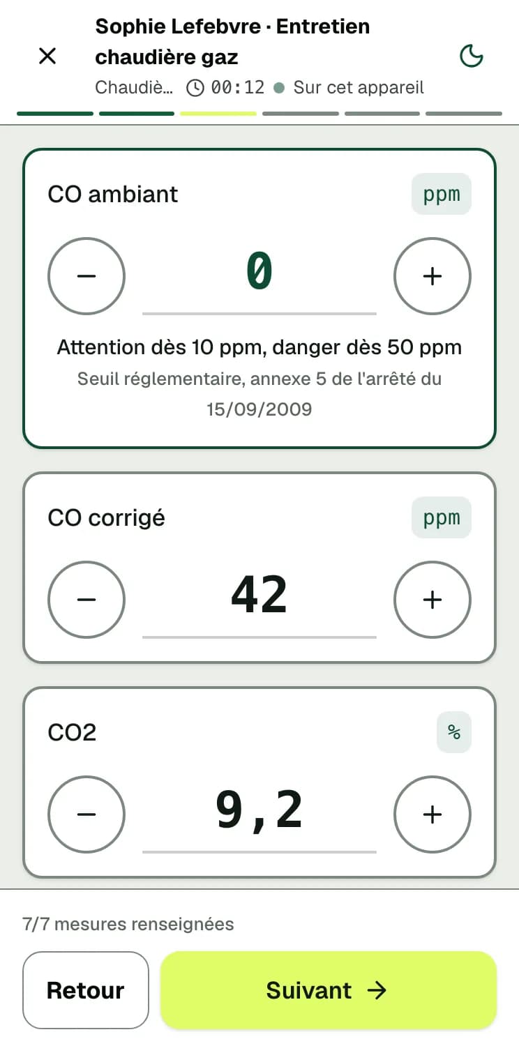 Écran DéclarPro : les mesures de combustion d'une chaudière gaz, avec leur unité