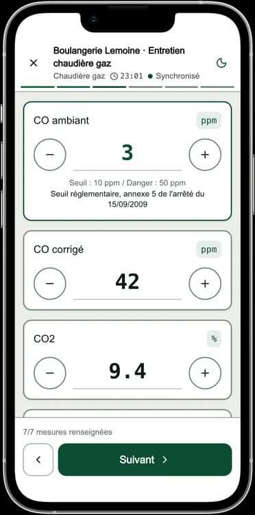 Écran DéclarPro : les mesures de combustion d'une chaudière gaz, avec leur unité