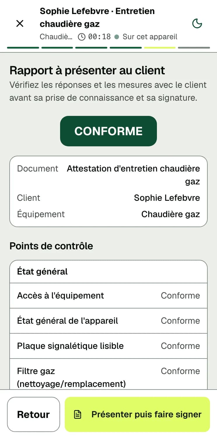 Écran DéclarPro : le rapport d'entretien à présenter au client, verdict CONFORME