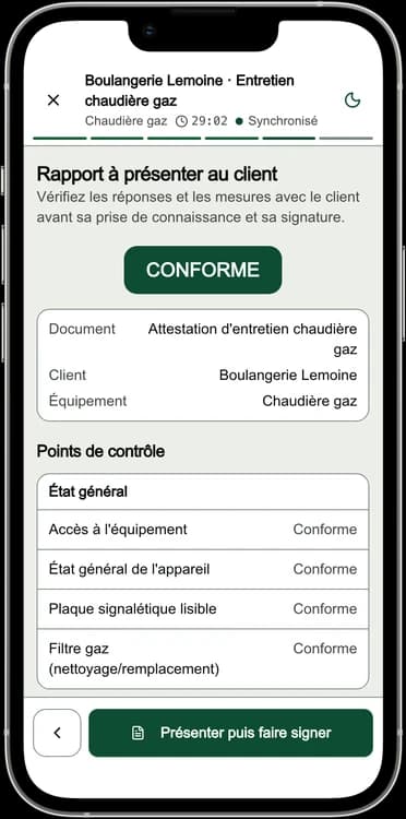 Écran DéclarPro : le rapport d'entretien à présenter au client, verdict CONFORME