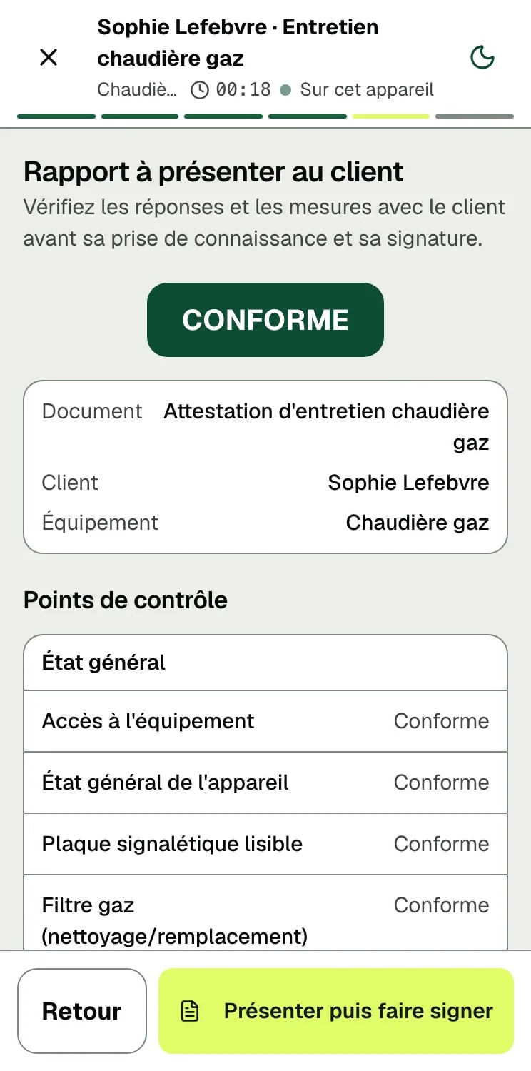Rapport de fin d'intervention sur le téléphone : verdict CONFORME et points de contrôle, à présenter au client