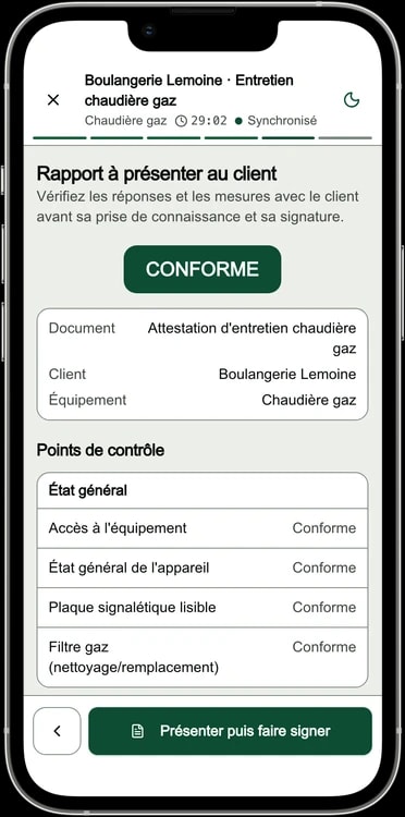 Rapport de fin d'intervention sur le téléphone : verdict CONFORME et points de contrôle, à présenter au client