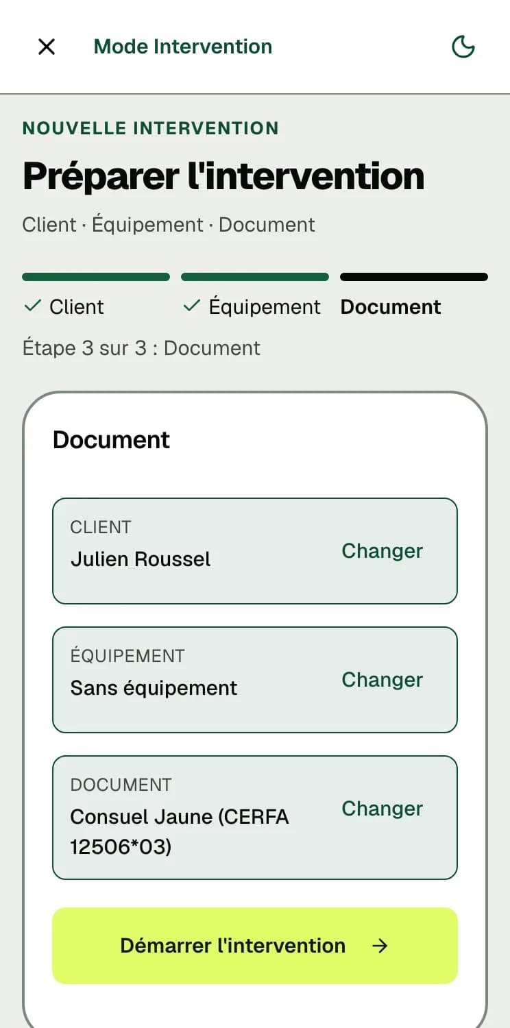 Écran DéclarPro « Préparer l'intervention » : le client et le Consuel Jaune sont choisis, sans équipement