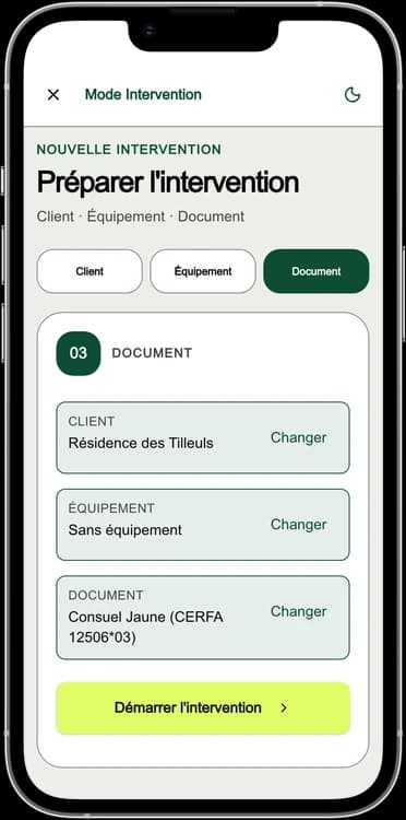 Écran DéclarPro « Préparer l'intervention » : le client et le Consuel Jaune sont choisis, sans équipement