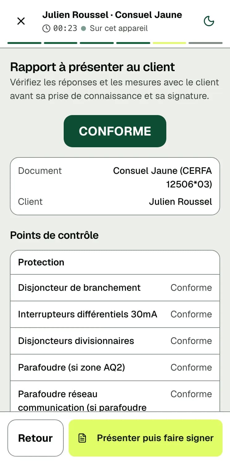 Écran DéclarPro : le rapport du Consuel Jaune à présenter au client, verdict CONFORME