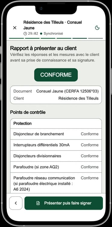 Écran DéclarPro : le rapport du Consuel Jaune à présenter au client, verdict CONFORME