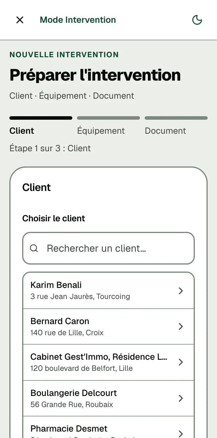 Écran réel de DéclarPro : le mode intervention s'ouvre sur le choix du client