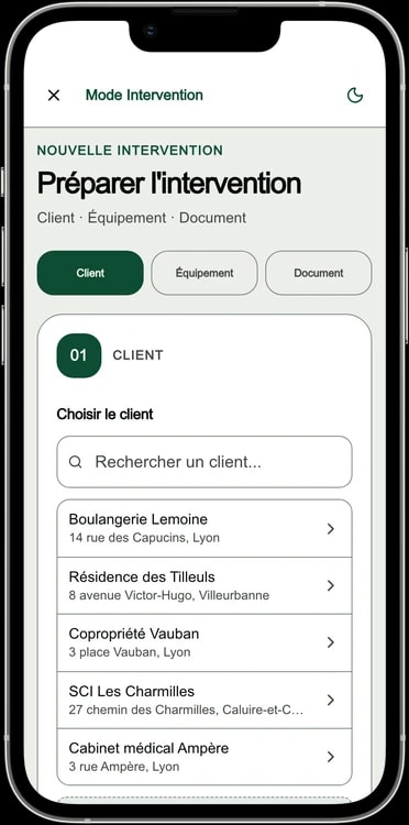 Écran réel de DéclarPro : le mode intervention s'ouvre sur le choix du client