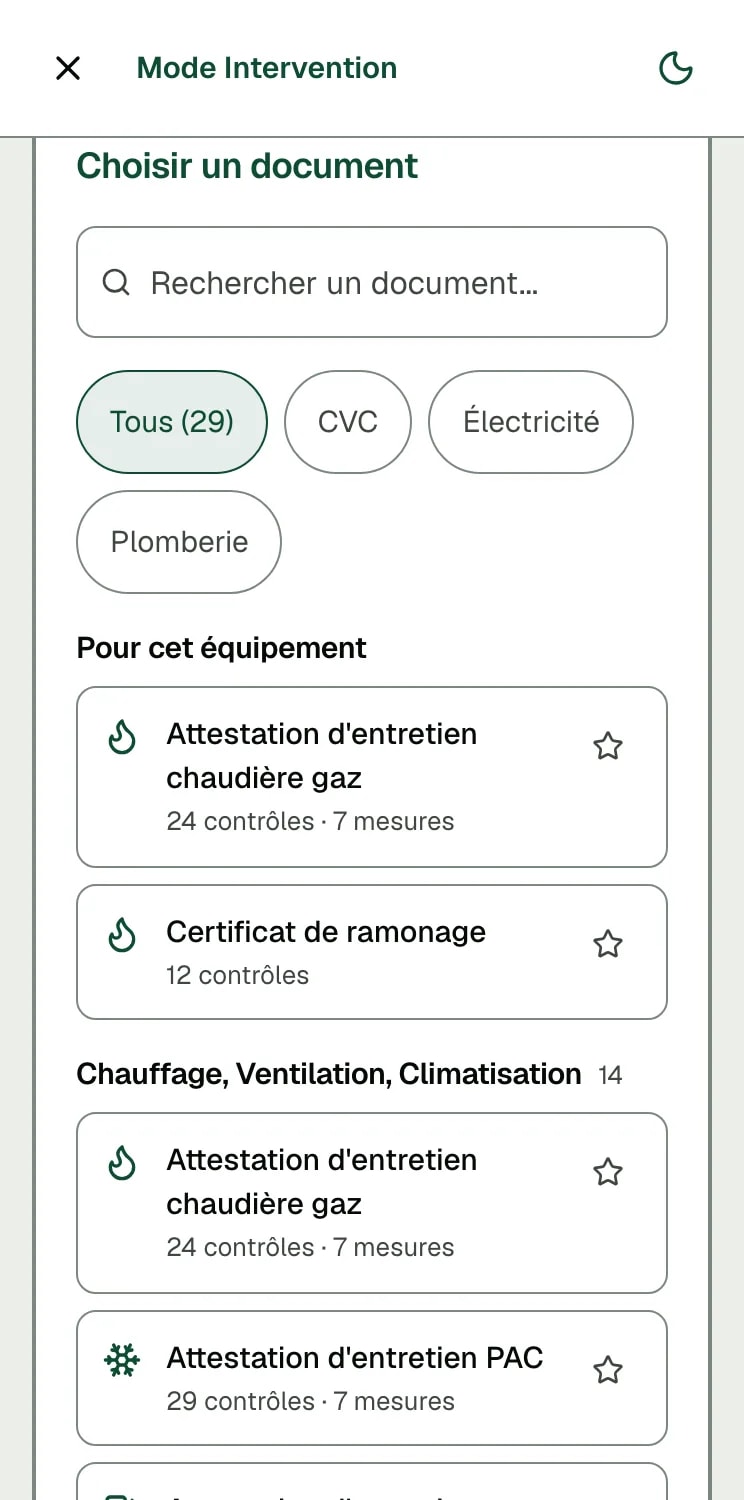 Écran réel : le choix du document, avec une recherche, un filtre par métier et les documents pour l'équipement choisi