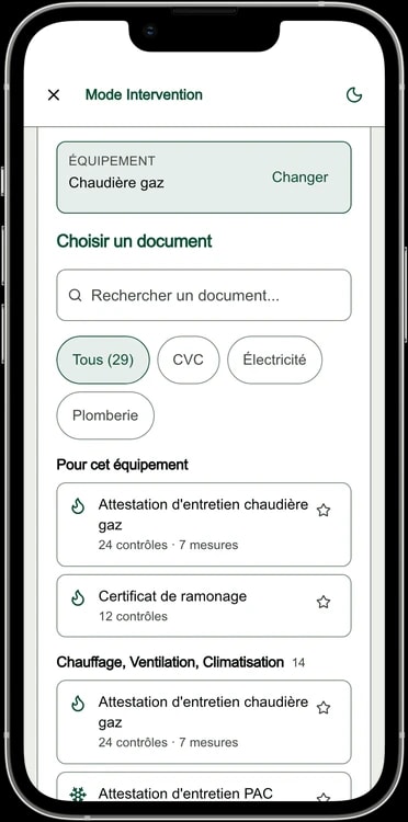 Écran réel : le choix du document, avec une recherche, un filtre par métier et les documents pour l'équipement choisi