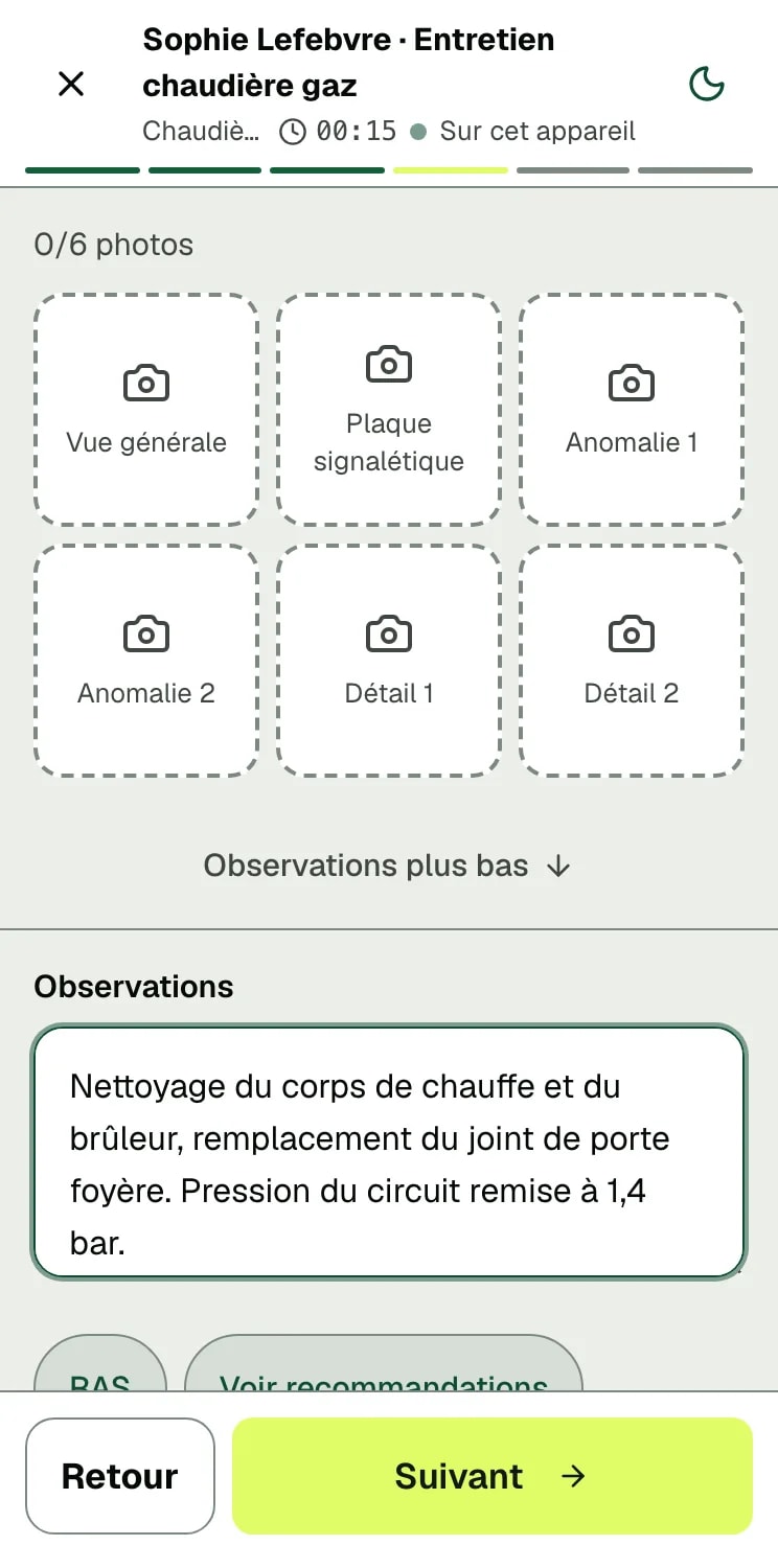 Écran réel : photos rangées par emplacement, observations et phrases rapides