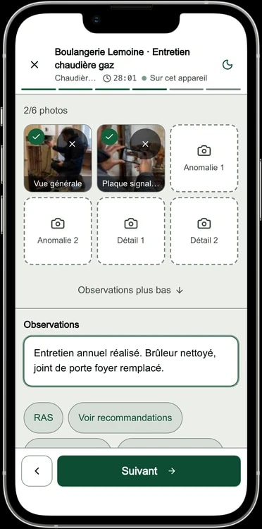 Écran réel : photos rangées par emplacement, observations et phrases rapides