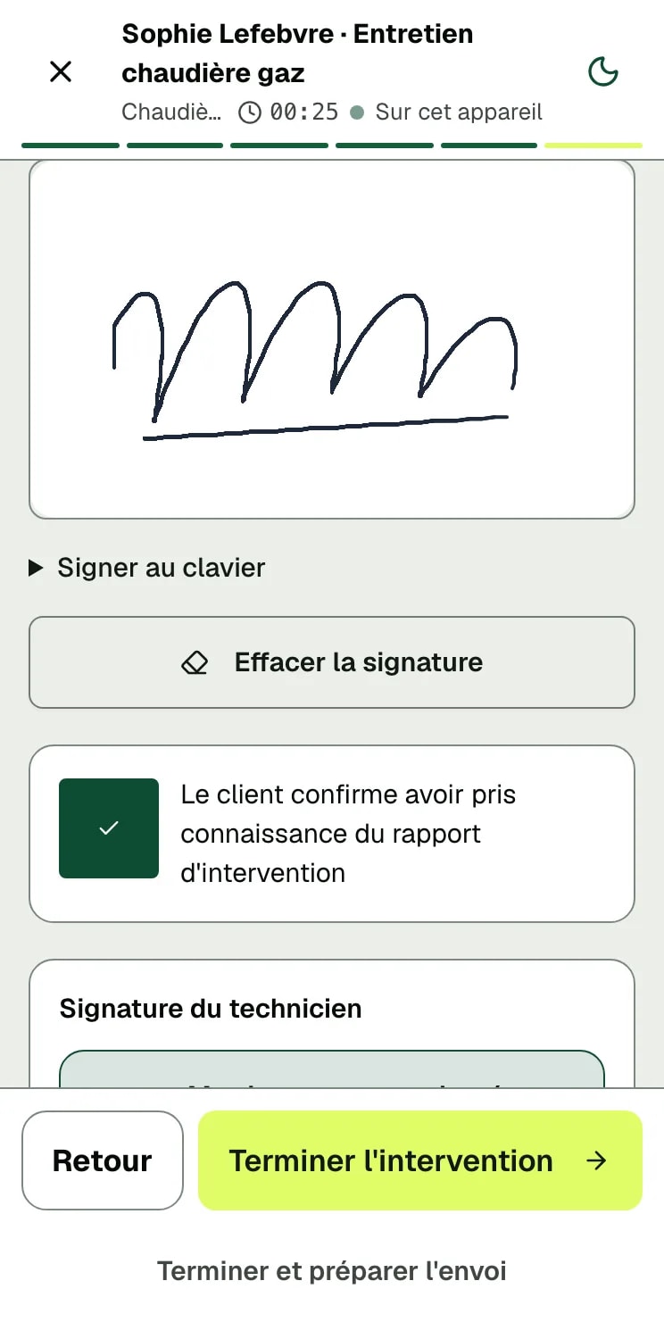 Écran réel : signature du client tracée au doigt sur le téléphone
