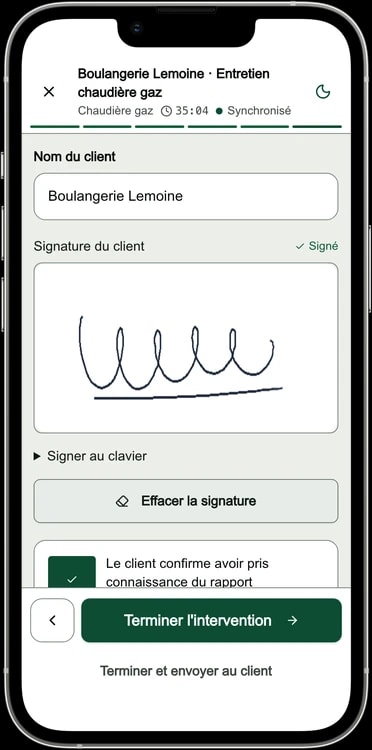 Écran réel : signature du client tracée au doigt sur le téléphone