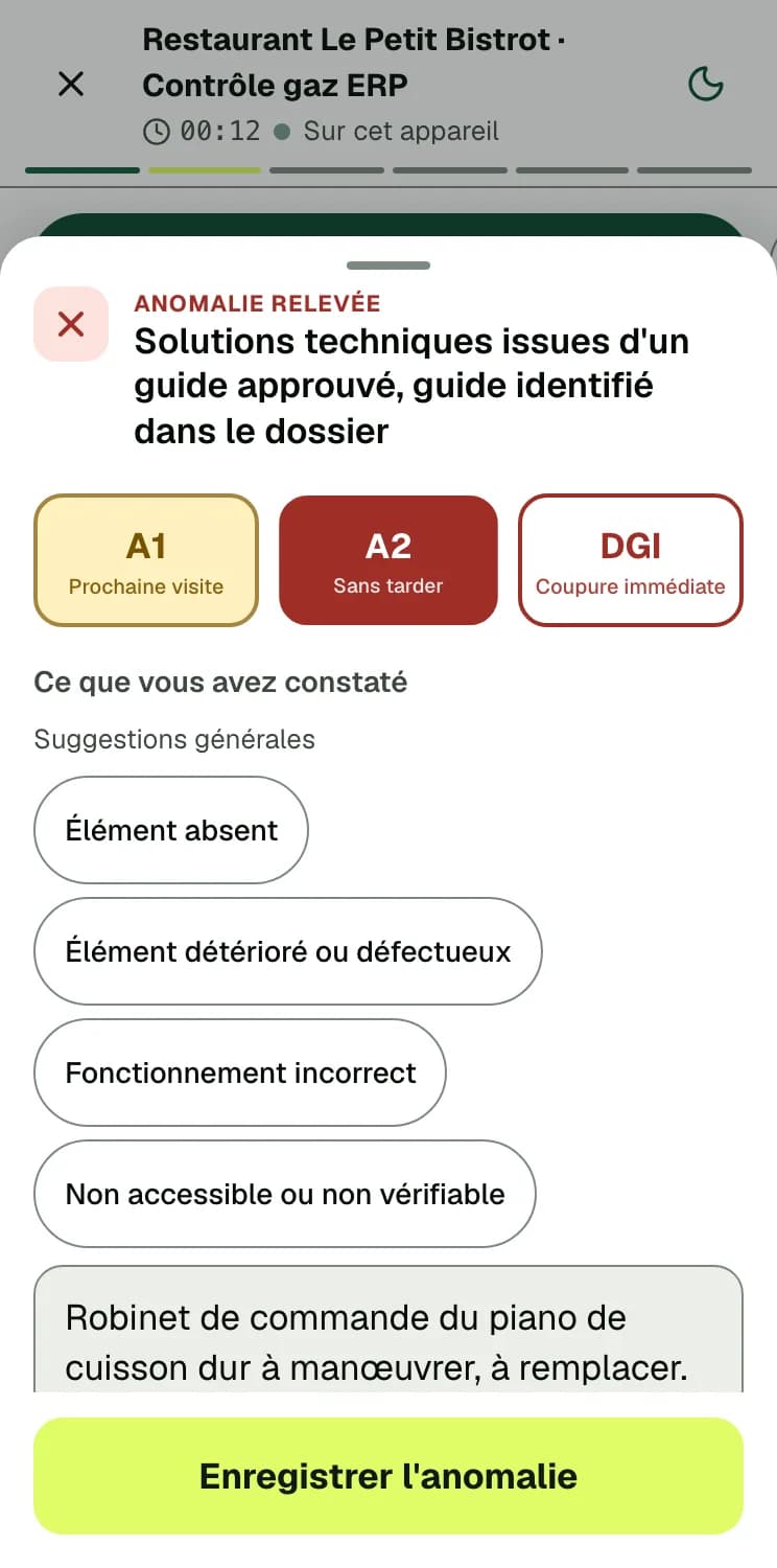 Écran DéclarPro : une anomalie relevée sur un contrôle gaz ERP, gravité A2 choisie parmi A1, A2 et DGI