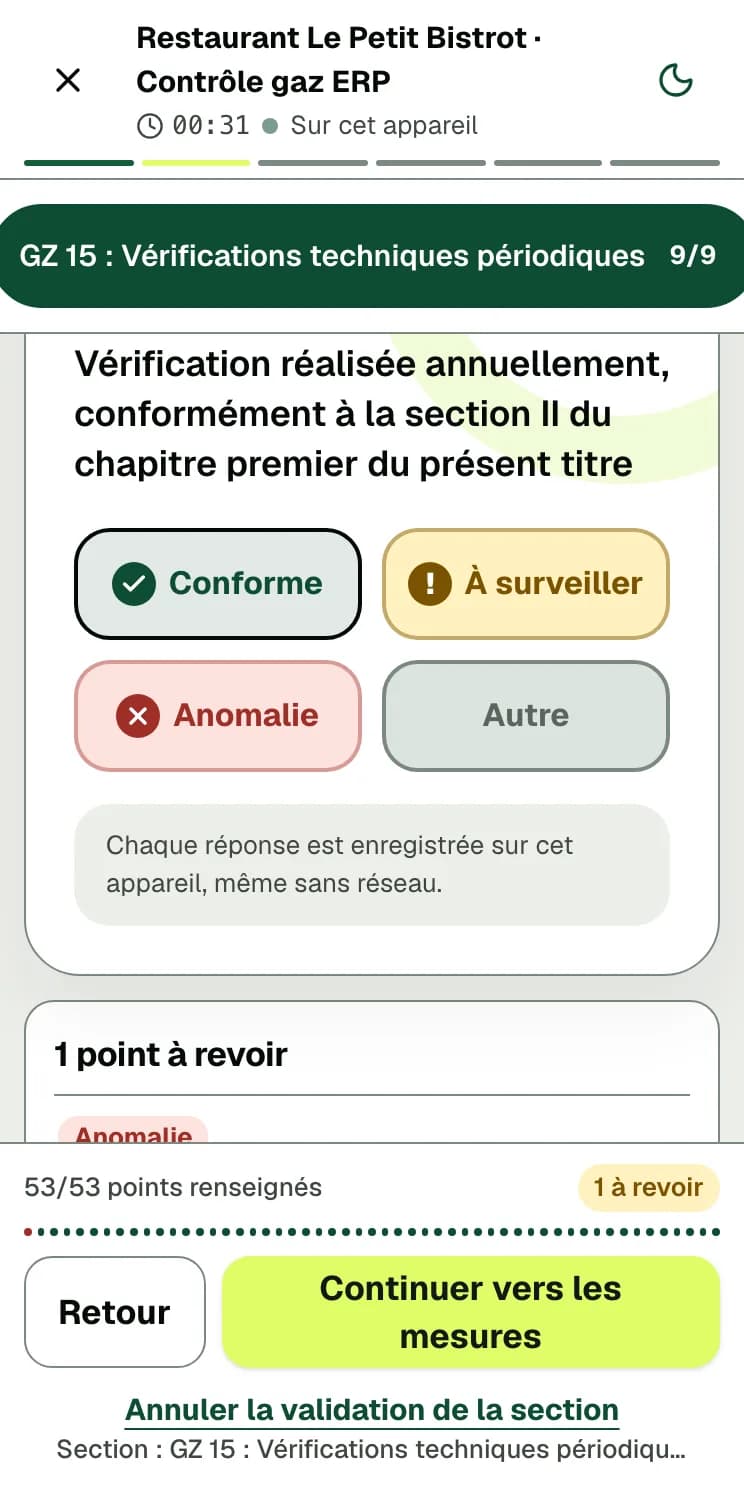 Écran DéclarPro : les points de contrôle d'un contrôle gaz ERP