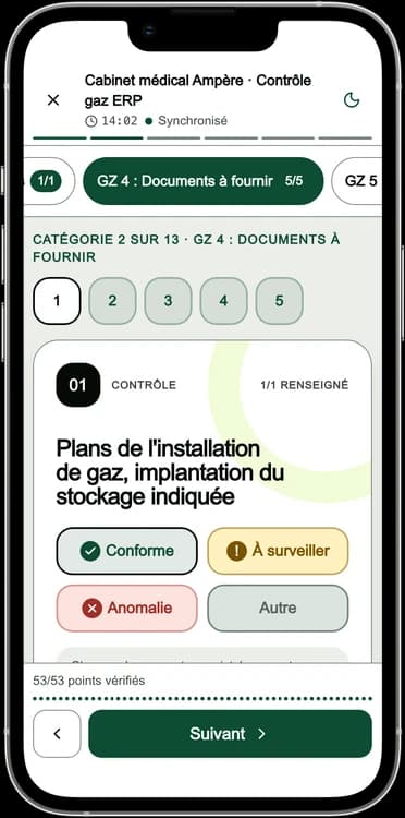 Écran DéclarPro : les points de contrôle d'un contrôle gaz ERP