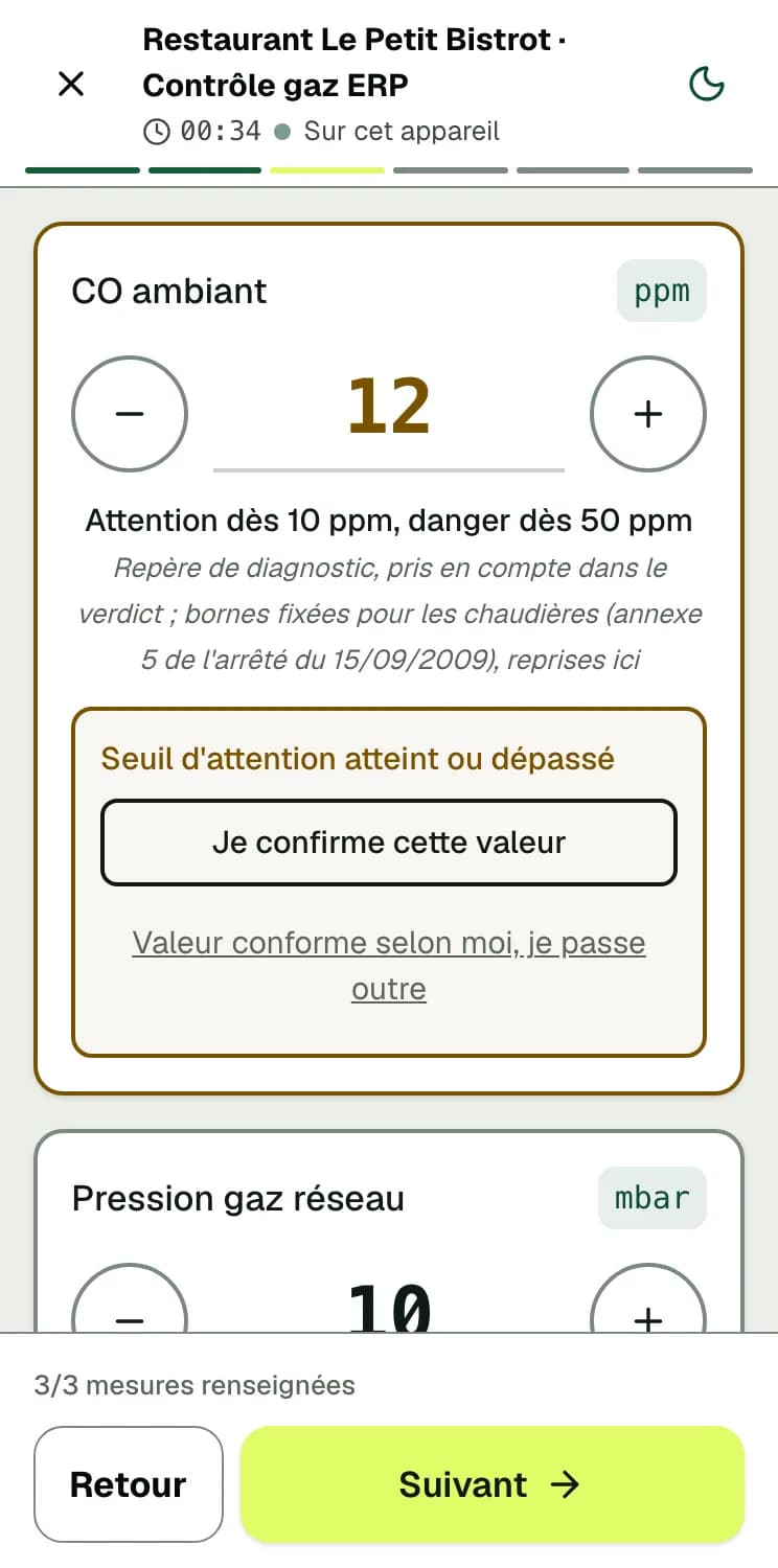 Écran DéclarPro : les mesures d'un contrôle gaz ERP, avec leur unité
