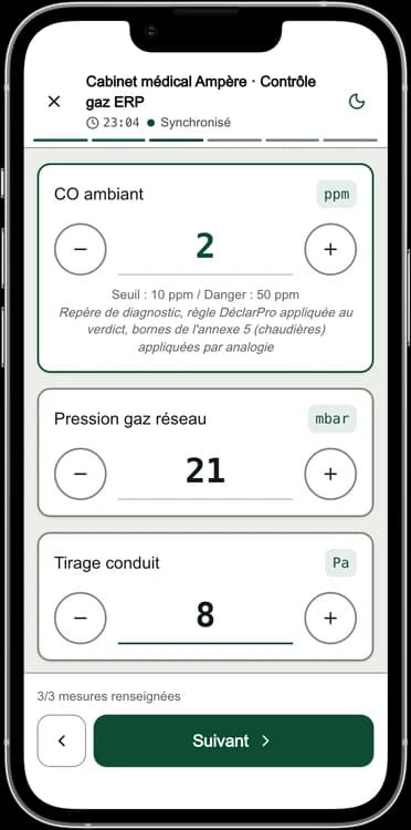 Écran DéclarPro : les mesures d'un contrôle gaz ERP, avec leur unité