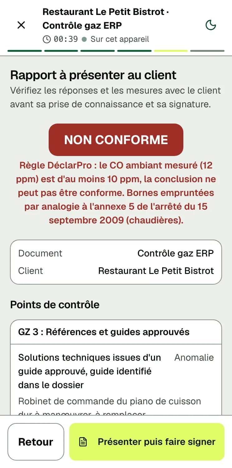 Écran DéclarPro : le rapport du contrôle gaz ERP à présenter au client, verdict NON CONFORME
