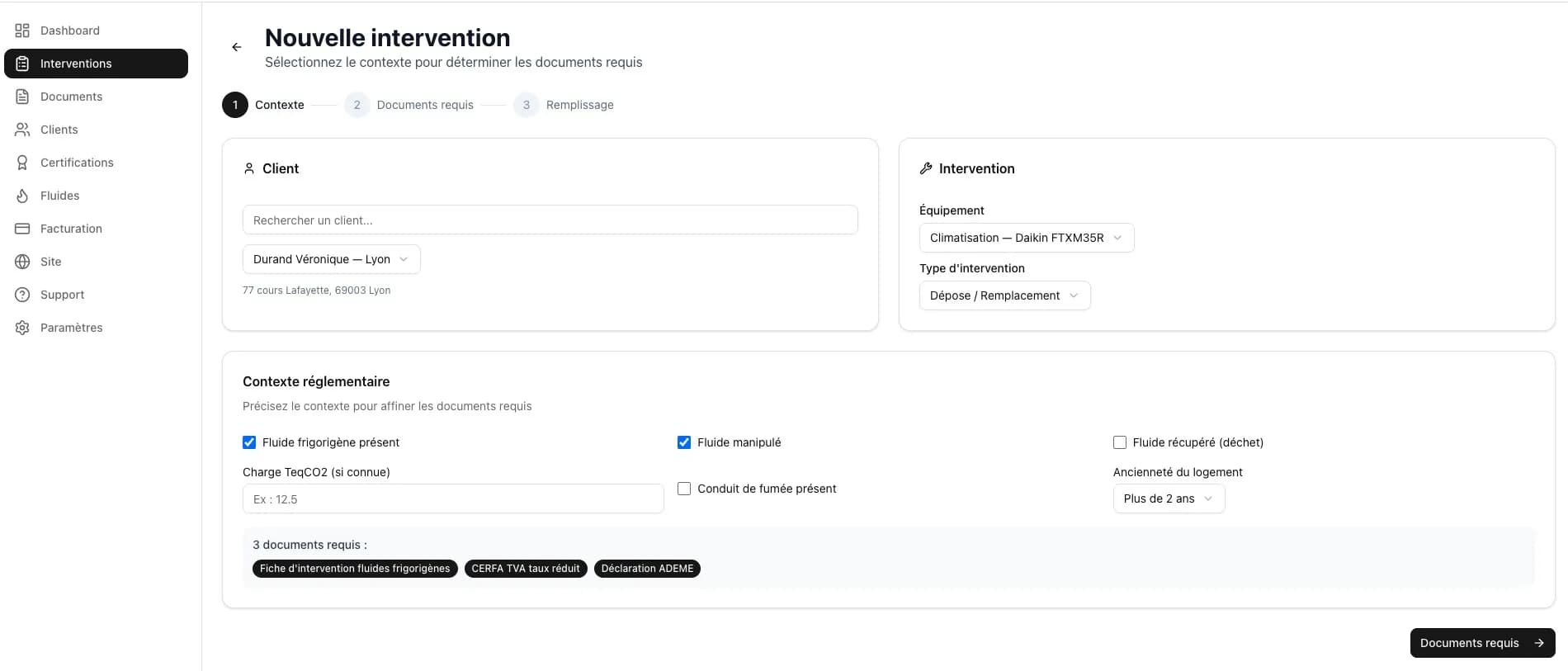 Interface DéclarPro, nouvelle intervention : le client, l'équipement et le contexte réglementaire déterminent les documents requis