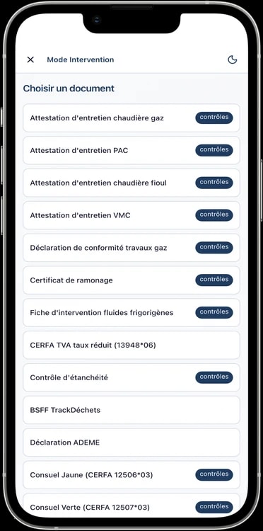 Écran DéclarPro de sélection des documents, avec la fiche d’intervention fluides frigorigènes