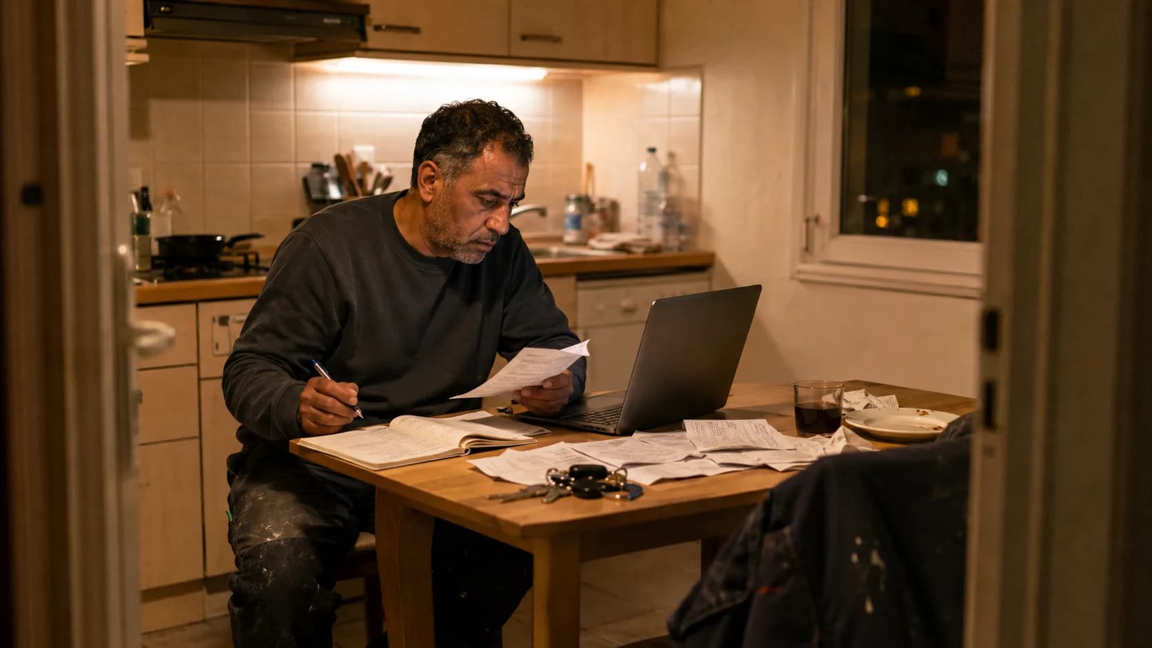 Artisan reprenant sa paperasse le soir à la maison, papiers étalés sur la table de la cuisine