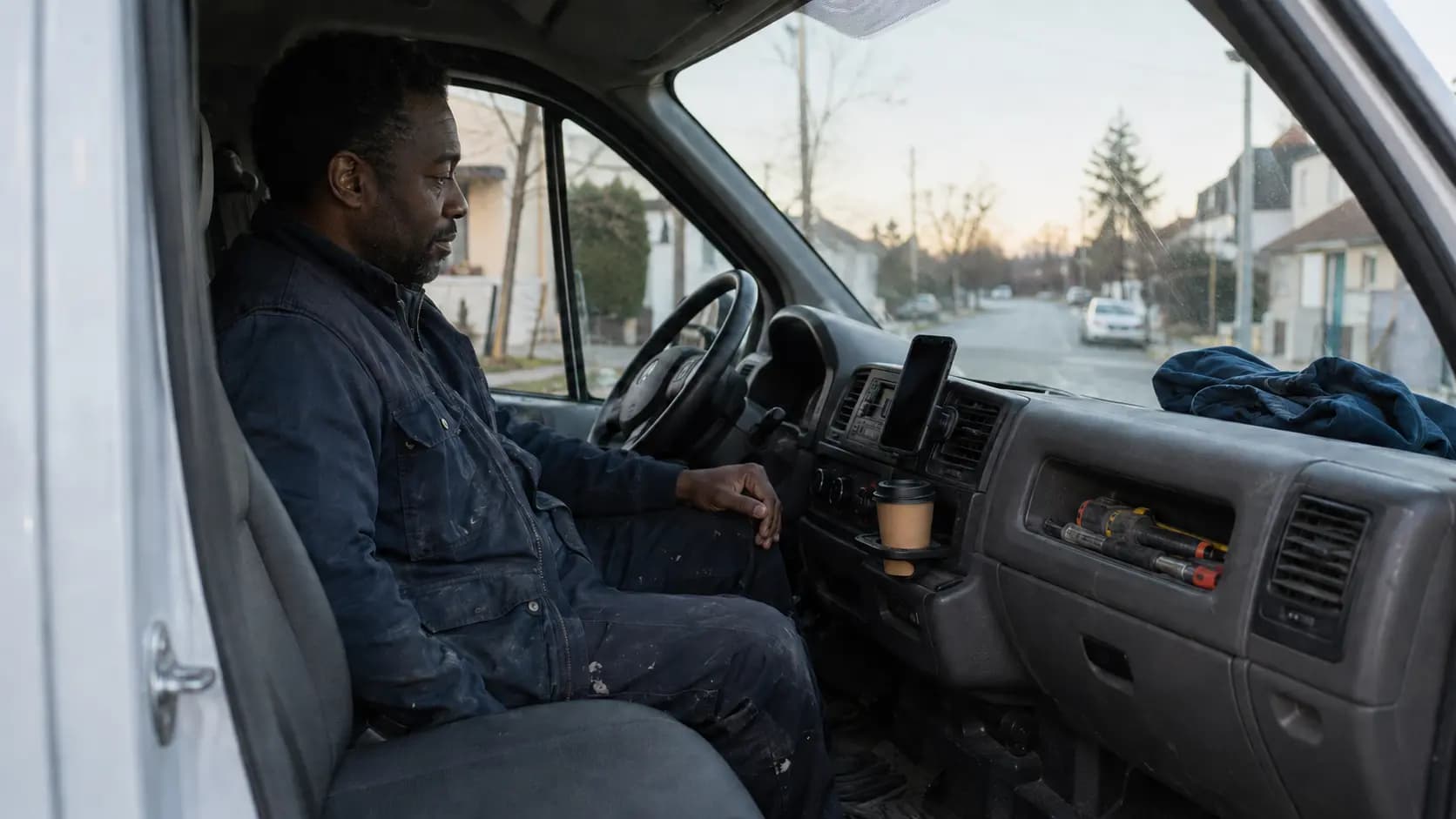 Un artisan installé au volant de sa camionnette au lever du jour, café et outils à portée de main, avant sa première intervention