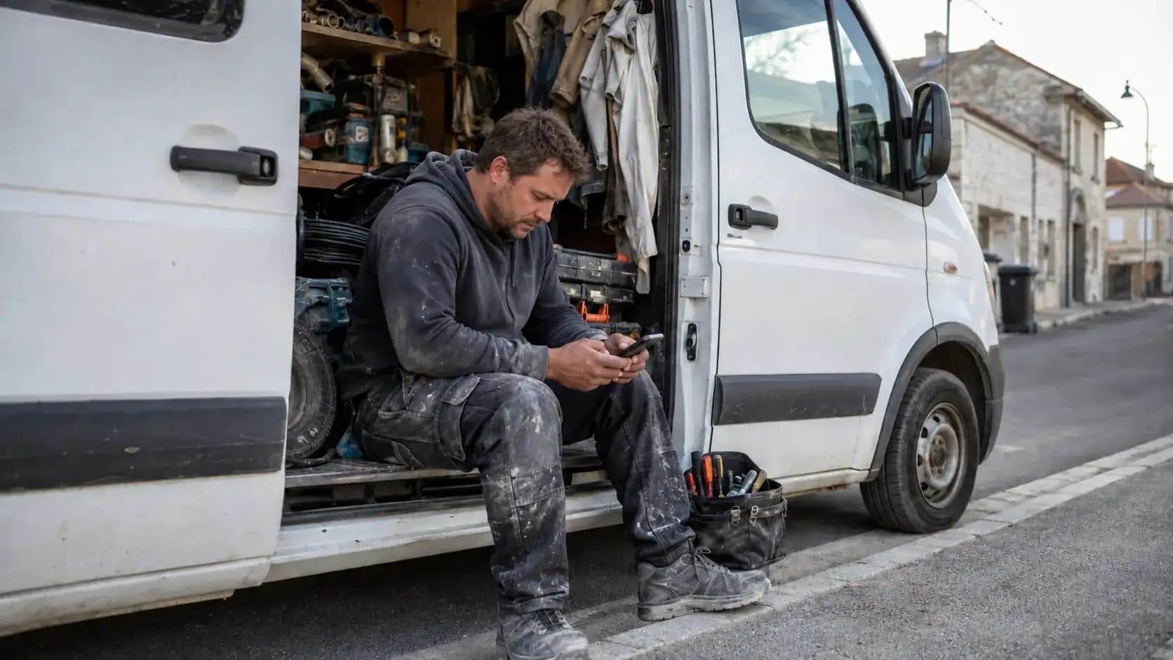 Artisan consultant son téléphone dans sa camionnette après une intervention