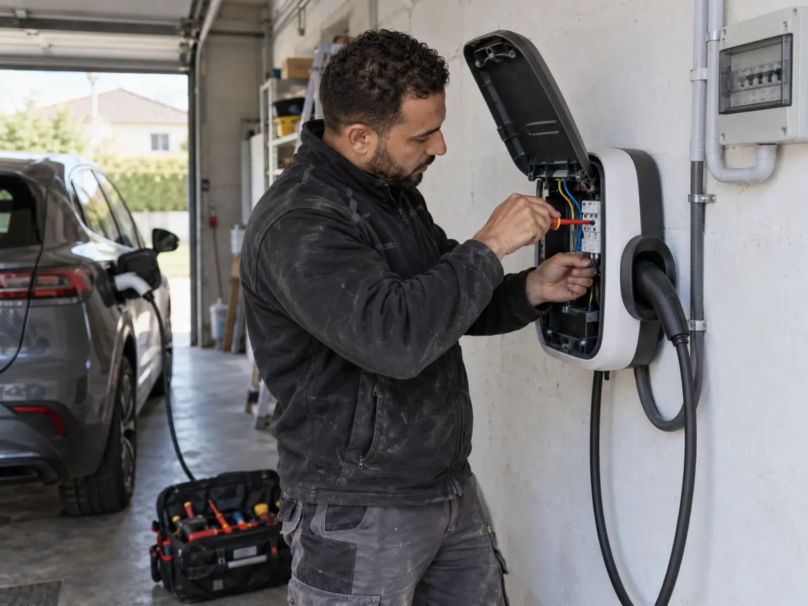 Électricien raccordant une borne de recharge murale, capot ouvert, véhicule branché derrière lui