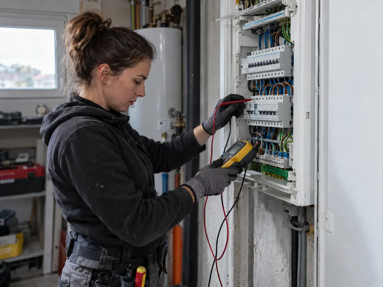 Électricienne gantée mesurant au multimètre sur un tableau électrique ouvert