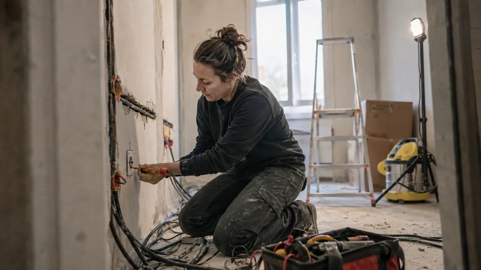 Électricienne raccordant une prise sur un chantier de rénovation