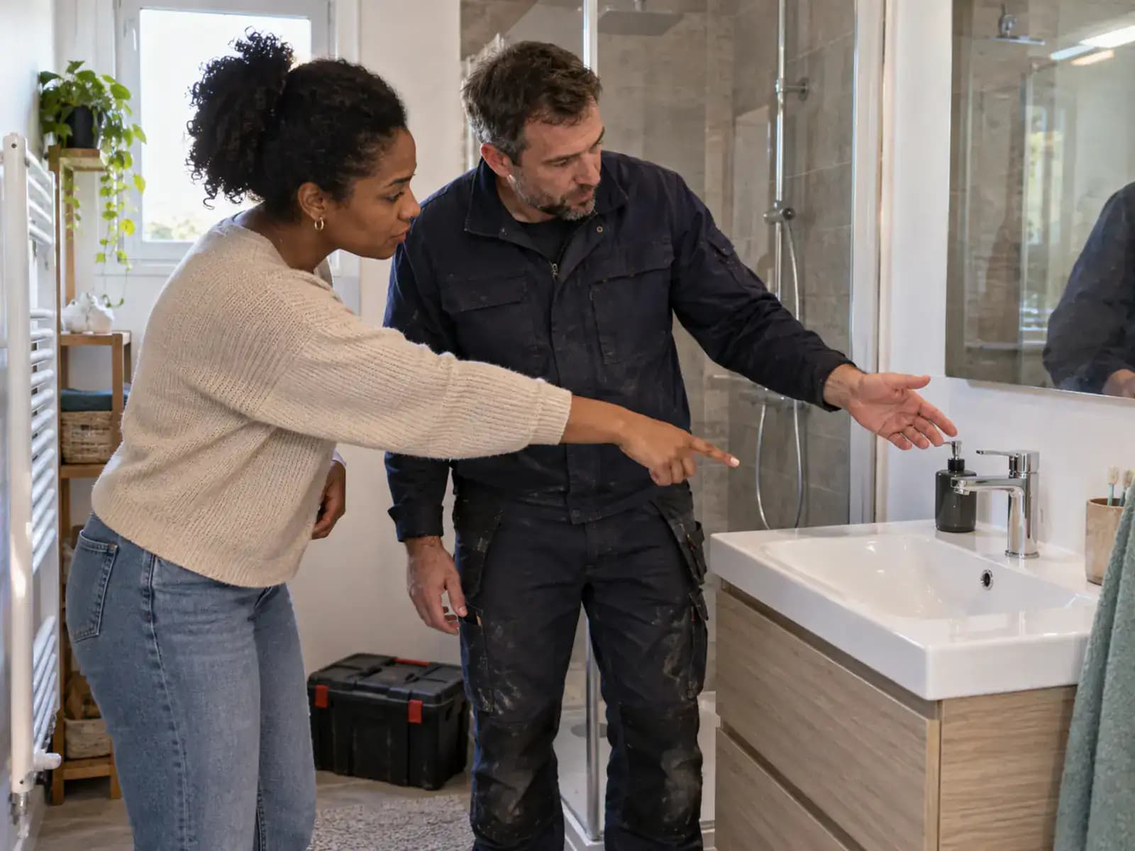Cliente montrant un point de l'installation à un plombier lors de la réception des travaux